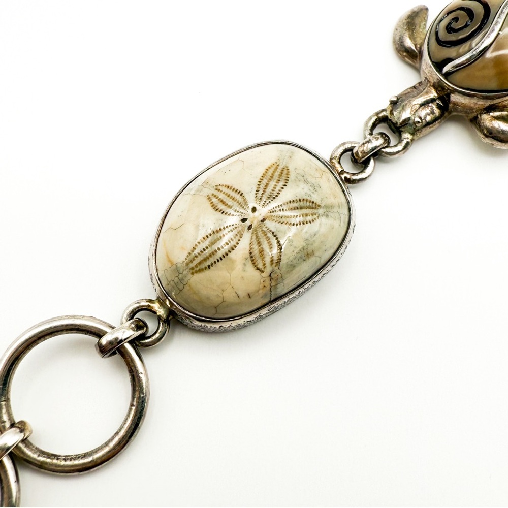 RARE! 🌊 Zealandia 🌊 Sterling Silver Fossil Sand Dollar and Ivory Turtle Bracelet - Picture 6 of 12